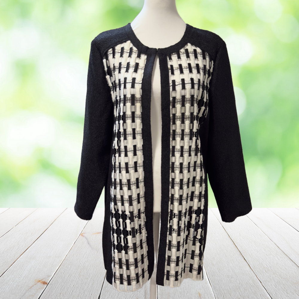 Vintage CHICOS Jacket Open Lattice Ribbon Weave Longline Black White Size 2 (L)